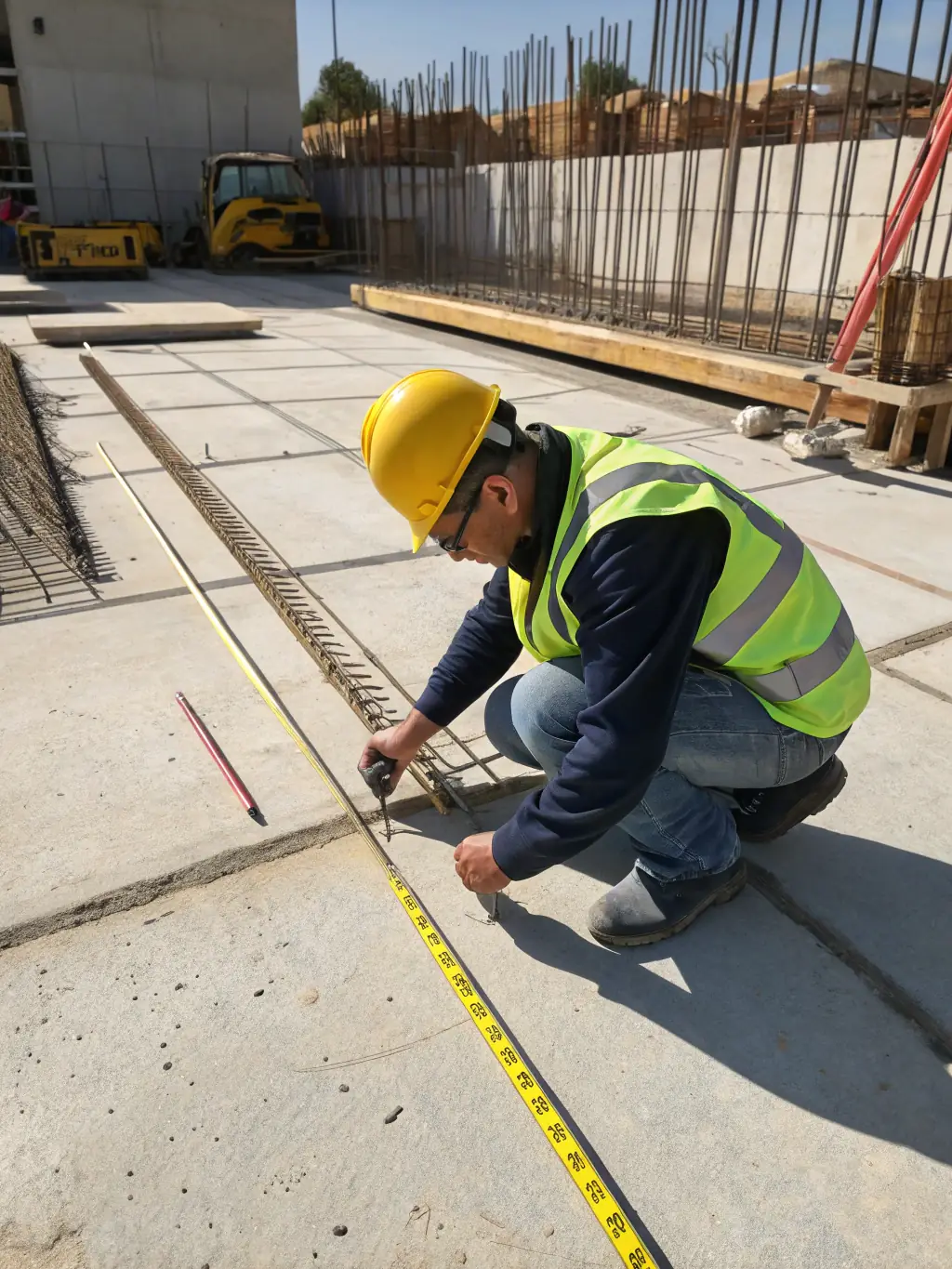 A close-up shot of rebar being precisely placed and tied together on a construction site, highlighting the detail and precision involved in rebar installation.