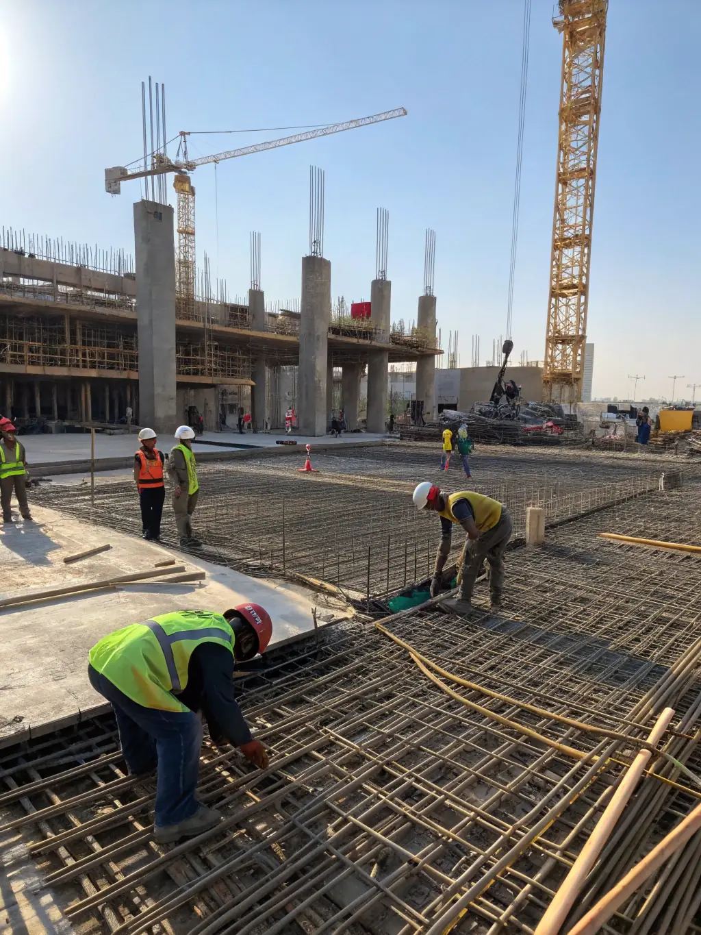 A construction site where both rebar and post-tension cables are being installed simultaneously, demonstrating the integrated approach to structural reinforcement.