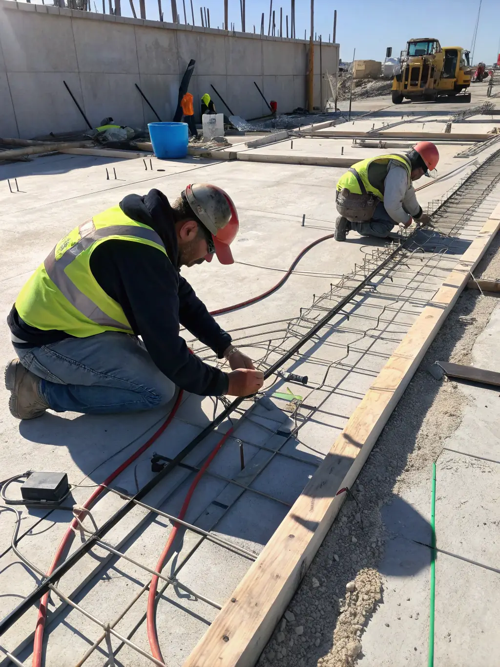 An image of post-tension cables being carefully installed and tensioned within a concrete structure, showcasing the advanced techniques used in post-tensioning.