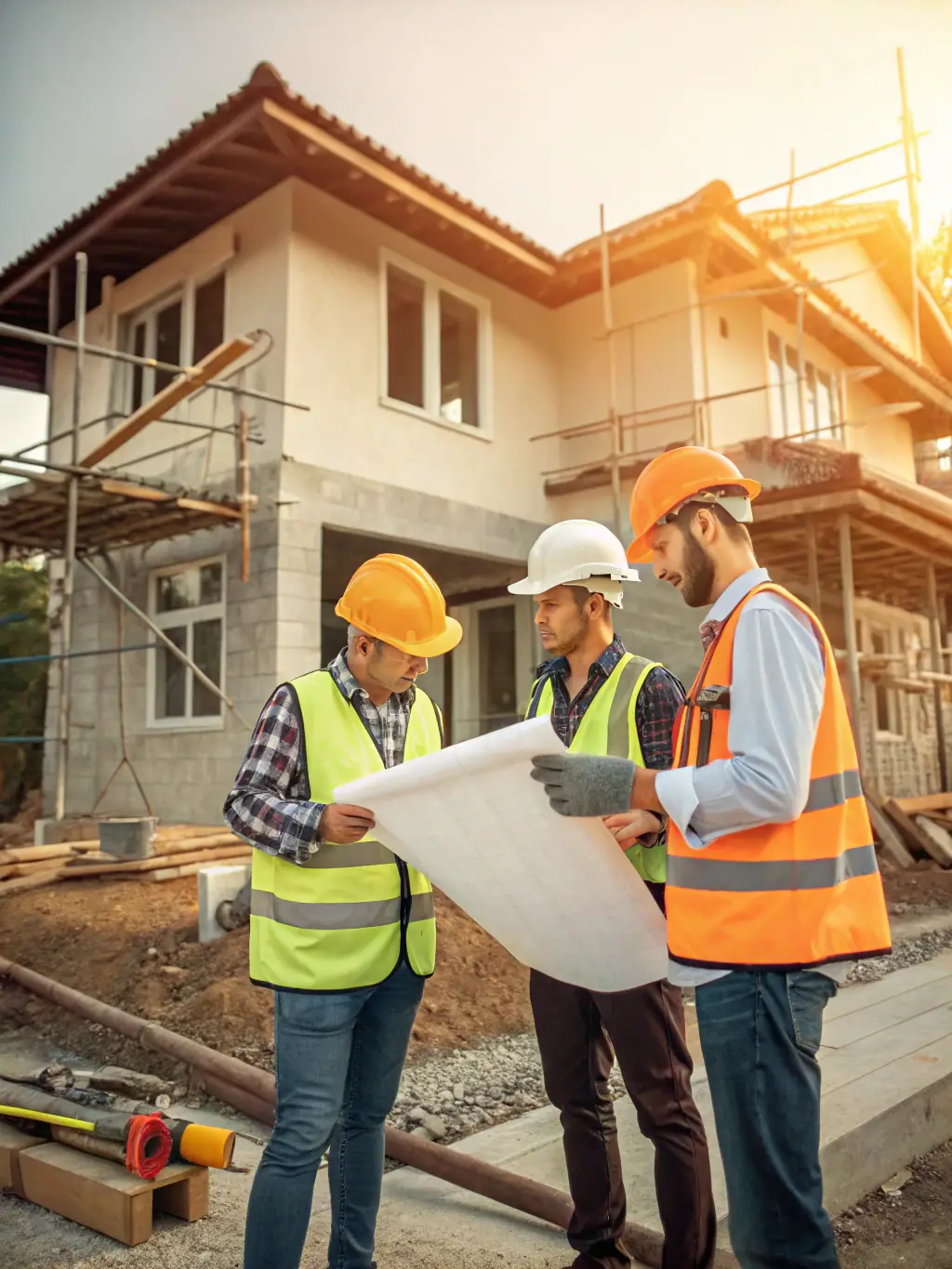 A team of professionals collaborating on a construction project, highlighting expertise and teamwork.