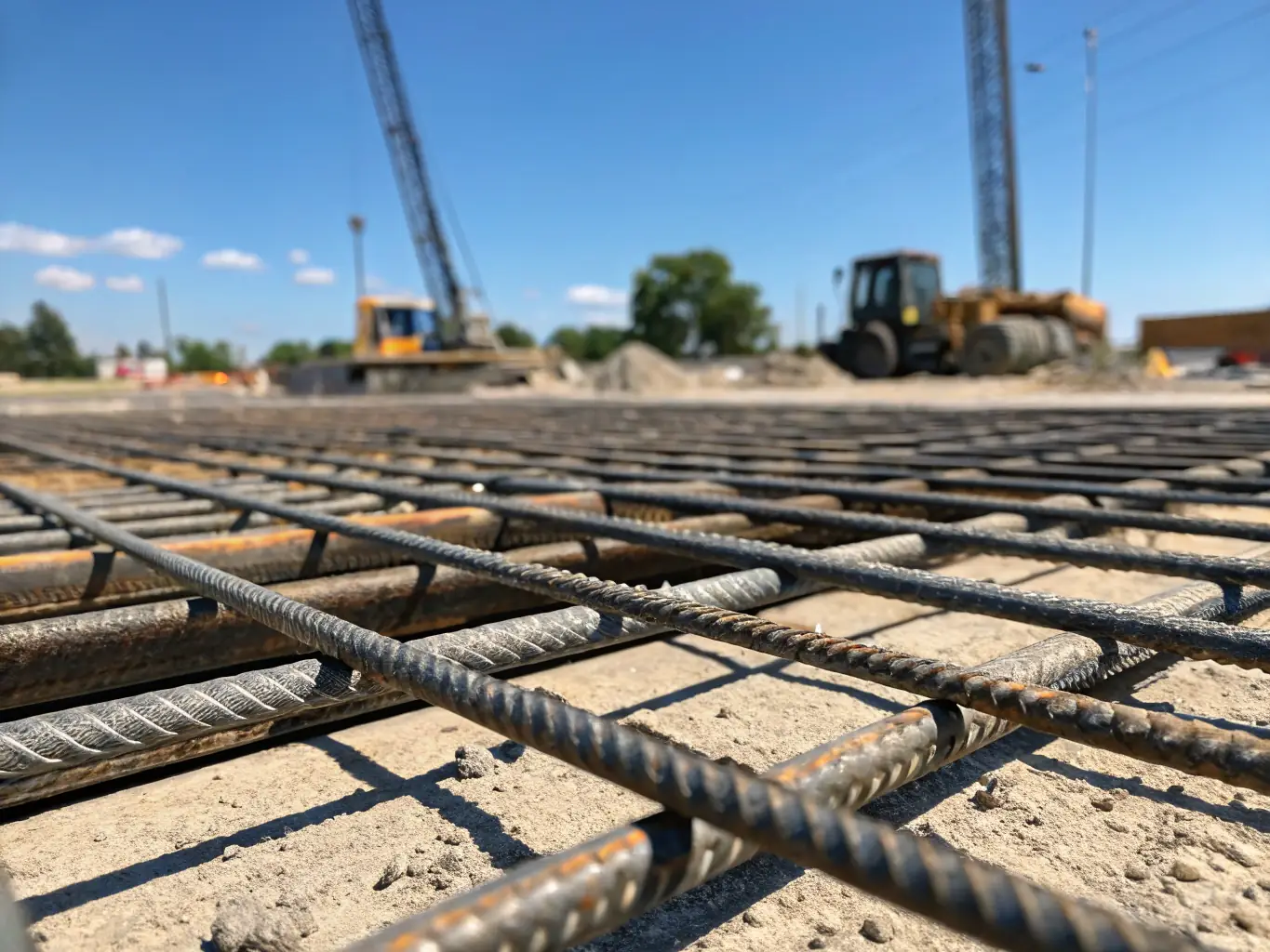 A construction site with workers installing rebar, showcasing the meticulous process and attention to detail involved in rebar installation.